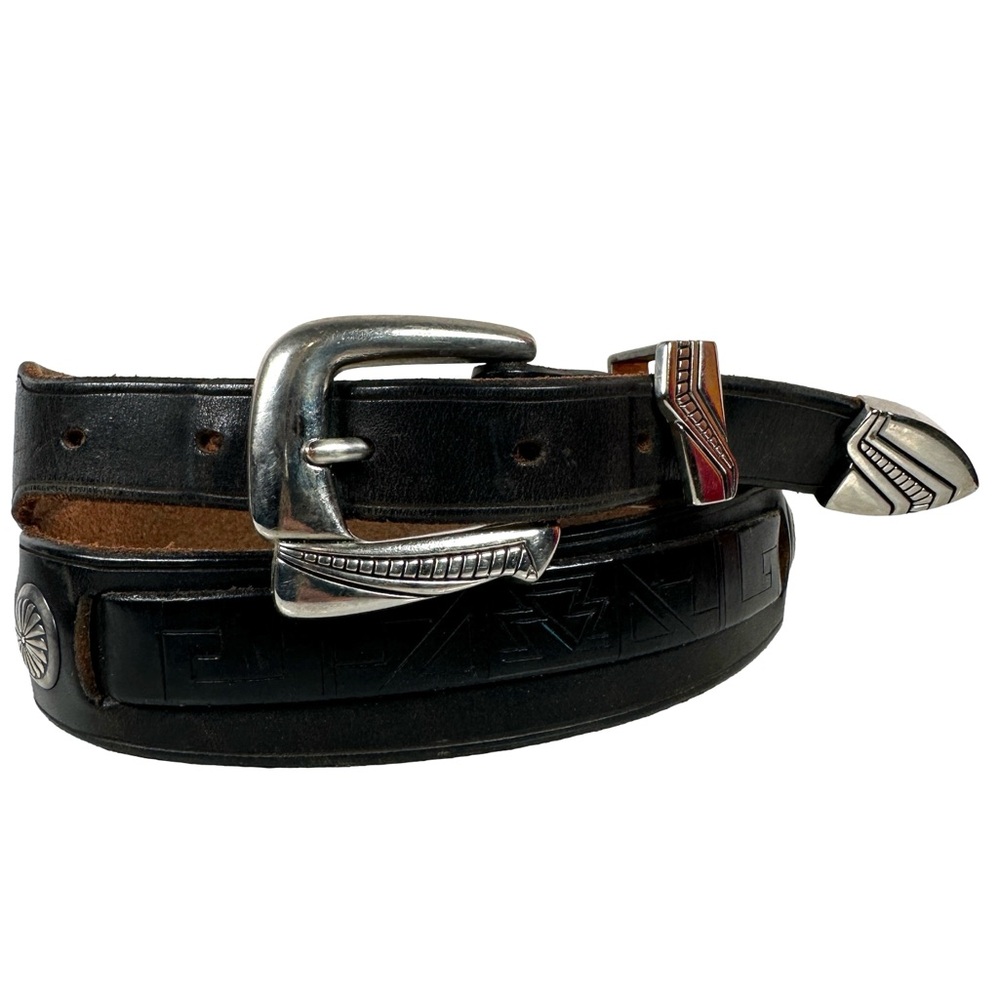 Black Leather Belt western Silver Buckle concho southwestern cowboy cowgirl boho